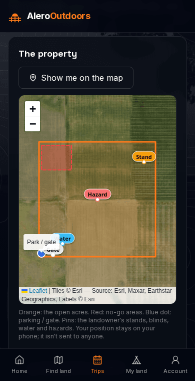 The trip map in the pilot app: an orange boundary around open acres, a red hatched no-go zone, a parking pin and labelled pins for a stand and water, over satellite imagery.